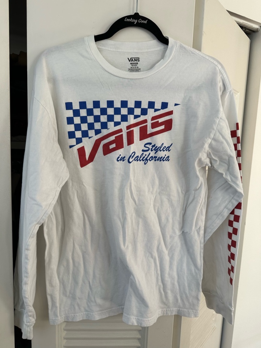 Vans White Long-Sleeve Tee with Red Logo & Blue Checker